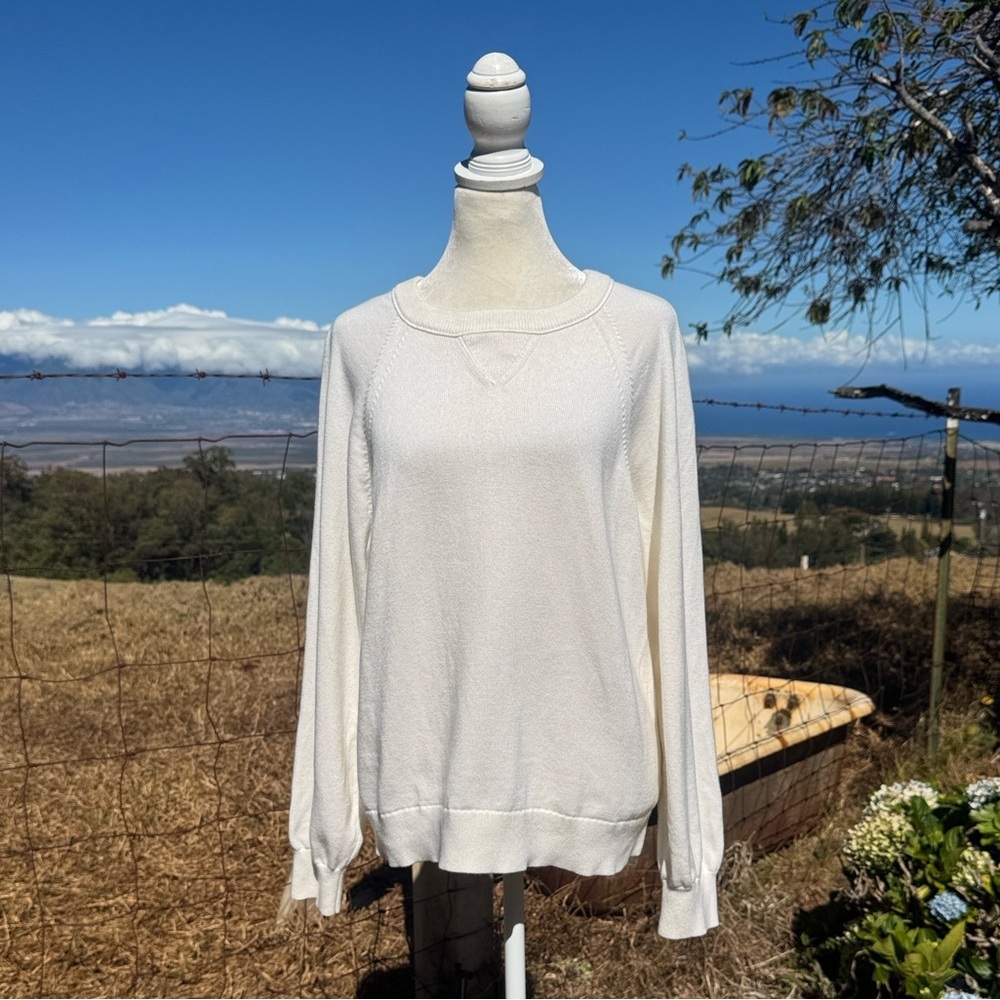 J Crew White Neutral Crew neck Cotton Cashmere Sweater Preppy Classic Medium - Picture 8 of 8